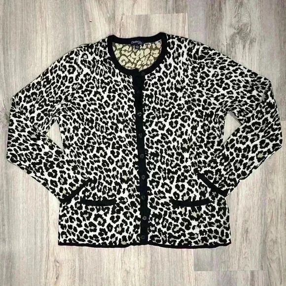 Chadwicks of Boston Leopard Cardigan Button Up Long Sleeve Sweater Top Size L - Picture 1 of 8